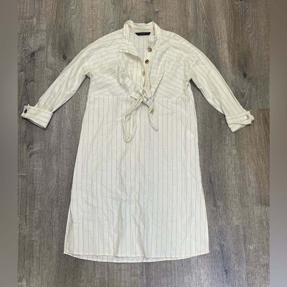 Zara Cream & Black Pin-Striped Gold Buttons with Cuffed Sleeves, Stylish Dress